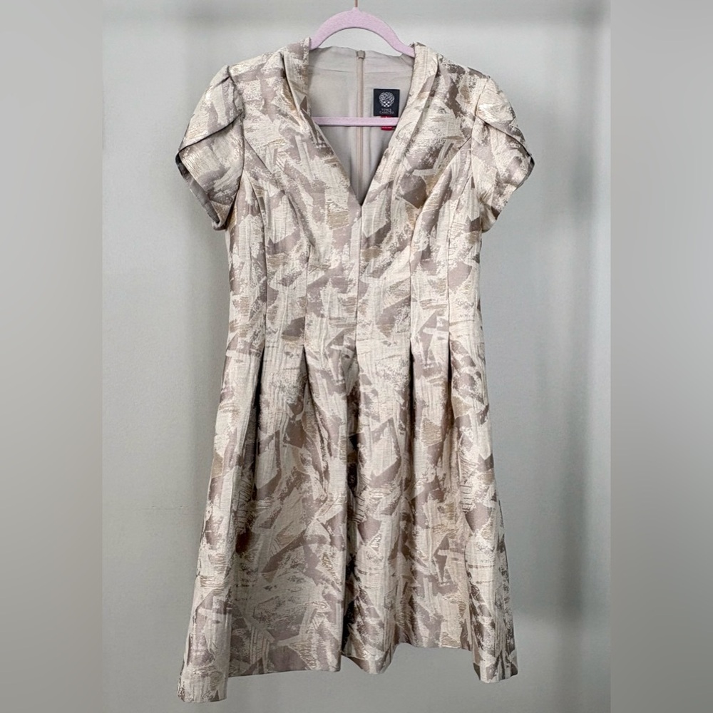 Vince Camuto Cream and Light Taupe Patterned Fit-and-Flare Dress
